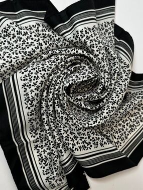 Vintage 26” Black & White Floral Silky Square Scarf Italian Flag Detail